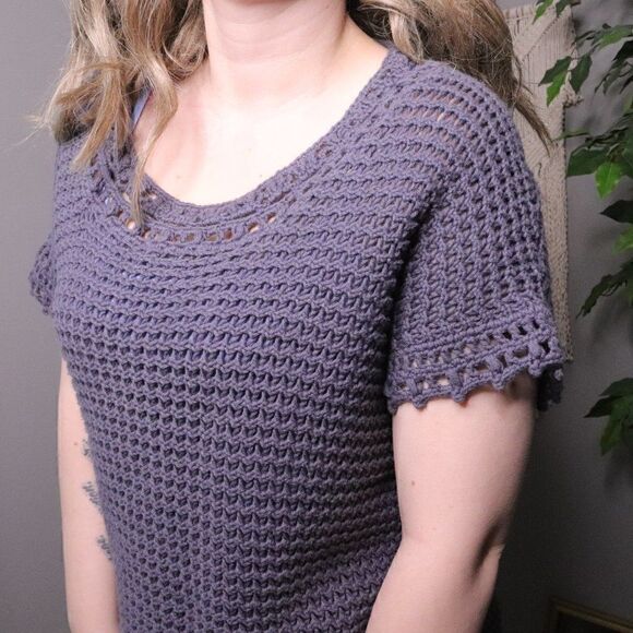 Pure Handknit | Chunky Knit Crochet Short Sleeve Blouse - Picture 3 of 7